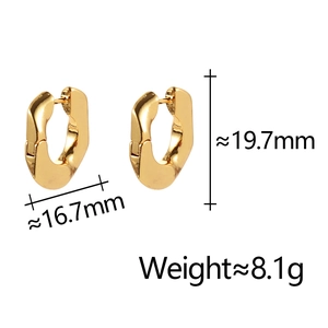 Detailed view of gold U-shaped hoop earrings with precise dimensions and weight