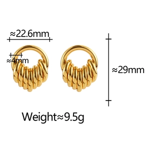 Detailed dimensions of gold-tone geometric hoop earrings with ribbed texture design