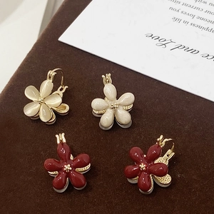 Créoles Fleur En Cuivre Plqué Or 14 Carats Émail Pierre Oeil De Chat Cinq Pétales Élégantes Douces Femmes Bijoux