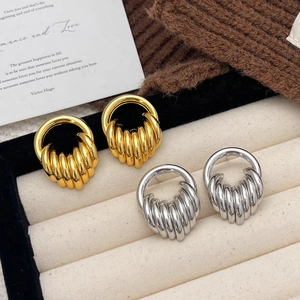 Retro Geometric Copper Hoop Earrings With Spiral Texture And 925 Sterling Silver Earring Post For Women Fashion Jewelry