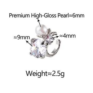 Elegant pearl and cubic zirconia ear cuff in silver finish for non-pierced ears