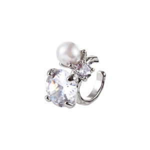 Elegant pearl and zircon ear cuff with silver finish featuring sparkling cluster design