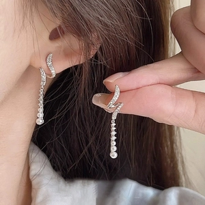 Wavy Ribbon Tassel Artificial Pearl Earrings With Zircon Micro Pave And 925 Sterling Silver Earring Post Elegant For Women