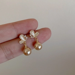 Butterfly Drop Earrings 925 Sterling Silver Earring Post Copper Cat's Eye Stone Rhinestone Faux Artificial Pearl French Elegant Women