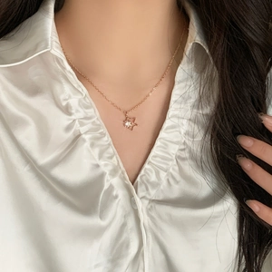 Snowflake Star Pendant Necklace Copper Rose Gold Plated Cubic Zirconia Dainty Clavicle Chain Jewelry For Women