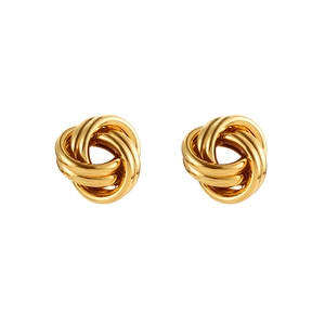 Elegant gold knot stud earrings with a polished woven design and a minimalist 3D shape