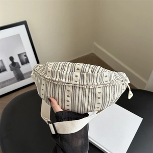 Vintage Canvas Stripe Chest Bag For Women Large Capacity Crescent Crossbody Bag Geometric Pattern Casual Shoulder Bag
