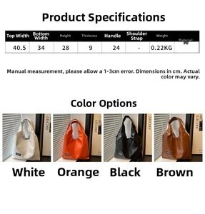 Detailed size specifications and color comparison for this large PU leather tote bag