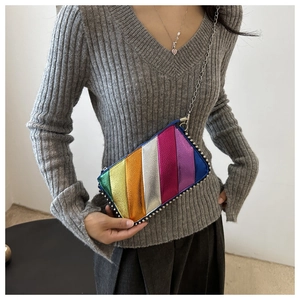 Rainbow stripe chain bag with silver rivets and metallic finish for women's fashion