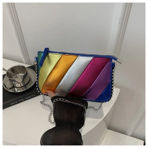 Detail of metallic rainbow crossbody bag with diagonal stripes and silver chain strap