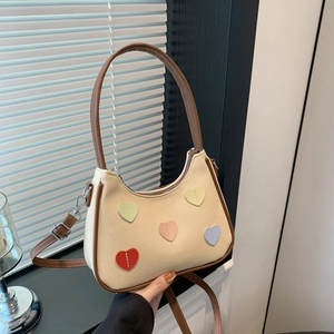 Women Canvas Fabric PU Leather Underarm Hobo Bag With Multi Color Heart Patchwork Korean Style Sweet Shoulder Crossbody Bag