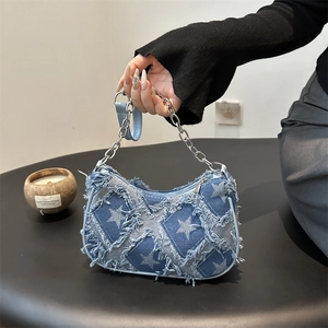 Sac Sous Le Bras En Denim Avec Bords Effilochés Motif Étoile À Carreaux Chaîne En Métal Sac Hobo Rétro Pour Femme