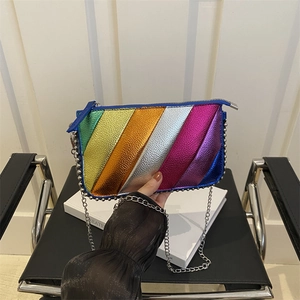 Women Fashion Rainbow Color Block Crossbody Bag PU Leather Patchwork Shoulder Bag With Metal Chain Rivet Small Square Bag