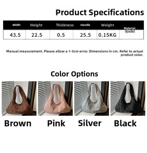 Detailed sizing chart and specifications for large capacity pleated tote shoulder bag