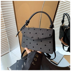 Close-up of grey herringbone crossbody bag with black polka dots and leather handle
