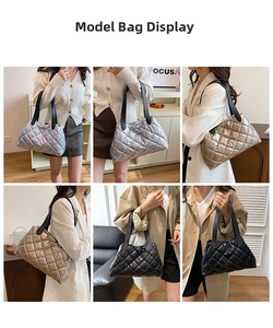 Detailed views of quilted tote bags in metallic silver, gold, and black colors