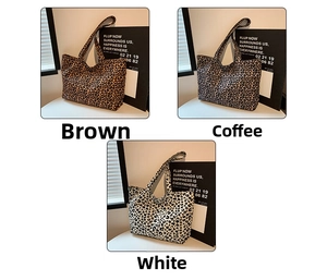 Detailed comparison of leopard print tote bags in brown, coffee, and white canvas styles