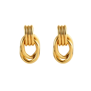 Modern gold plated geometric twisted oval drop earrings with polished finish and vertical lines