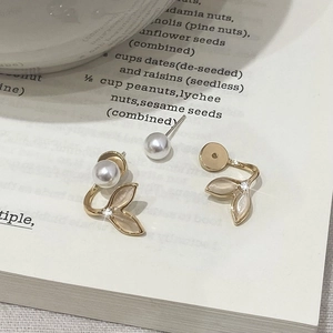 Elegant cat eye stone leaf earrings with pearl drop backings in a warm gold finish