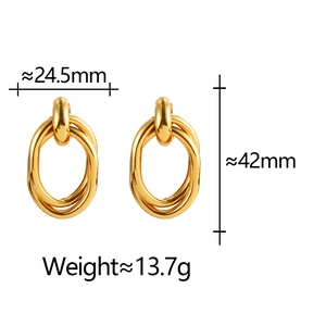 Golden intertwined triple oval hoop earrings in polished metal finish for women