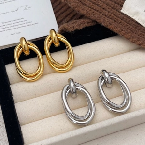 Geometric Oval Hoop Earrings Copper With 925 Sterling Silver Earring Post Triple Intertwined Layered Vintage Fashion Women