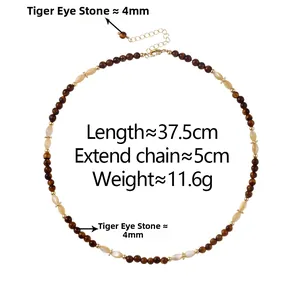 Detail of tiger eye stone necklace showing 37.5cm length and 5cm adjustable extension chain