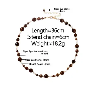 Detail showing tiger eye stones and white pearls in sizes 4mm, 6mm, and 8mm with golden chain