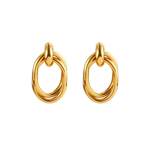 Fashionable gold layered geometric earrings with triple interlocking oval circles design