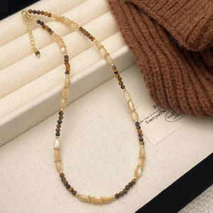 Tiger eye stone and shell beaded necklace with golden chain in warm brown autumn tones