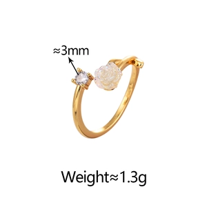 Detail showing camellia flower ring dimensions with 3mm zircon and 1.3g weight