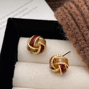 Twisted rope knot earrings with burgundy and brown enamel in gold plated finish