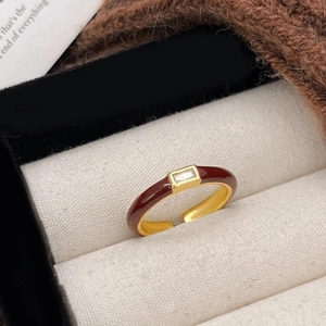 French vintage adjustable ring with burgundy enamel, zircon stone and gold trim