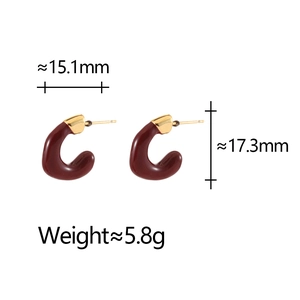 U-shaped red enamel earrings with gold plating showing dimensions 15.1mm by 17.3mm