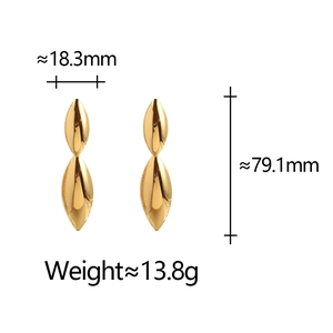 Polished gold drop earrings measuring 79.1mm high and 18.3mm wide, showing dimensions