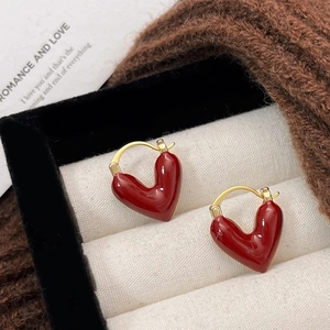 Orecchini A Cerchio Cuore Rosso Vino Rame Placcato Oro 18K Smalto Gioielli Minimalisti Dolci Per Donna