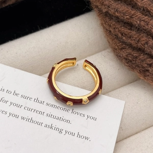 Retro adjustable gold ring with deep red enamel and micro-set zircon stones