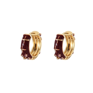 Boucles d'oreilles créoles émail rouge foncé avec relief croix dorée et zircons