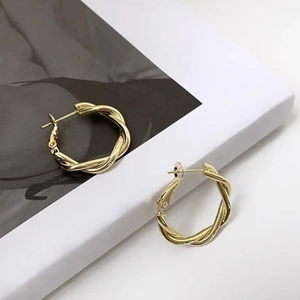 Polished 18K gold-plated twisted rope hoop earrings with snap-back closure for women