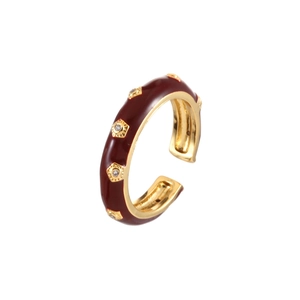 Adjustable gold ring with burgundy enamel coating and sparkling round zircon inlays