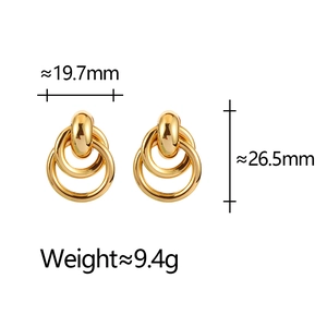 Detailed view of gold geometric layered earrings with precise size and weight dimensions