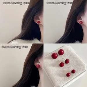 Red Round Bead Stud Earrings Copper With 925 Sterling Silver Earring Post Glossy Retro Style For Women Commuter
