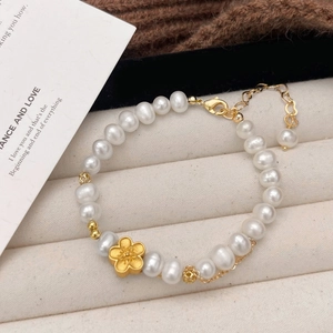 Freshwater Pearl Bracelet Gold Flower Pendant Vintage Elegant Adjustable Lobster Clasp Jewelry Gifts For Women