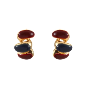 Retro triple-layer geometric stud earrings with gold metal and burgundy enamel finish