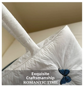 Detail view of a white quilted padded handbag featuring delicate blue butterfly embroidery