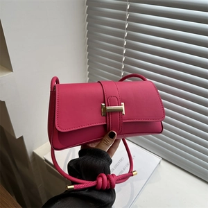 Minimalist fuchsia rectangular baguette bag with a gold buckle and rope shoulder strap