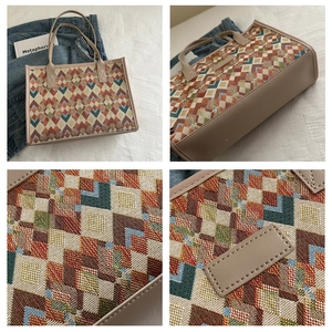 Detailed close-up of geometric diamond weave pattern on a retro-style canvas tote bag