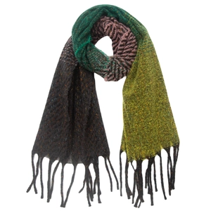Écharpe d'hiver en grosse maille à dégradé gris, vert et jaune avec pompons