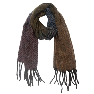 Écharpe d'hiver avec motif à chevrons violet foncé et vert olive et franges noires