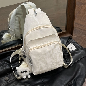Women Wrinkled Texture PU Leather Chest Bag Multi-Pocket Crossbody Sling Bag With Plush Monster Pendant Casual Trendy Travel Shoulder Bag
