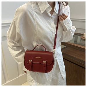 Détails du sac selle rouge vintage avec boucles dorées et finition cuir mat